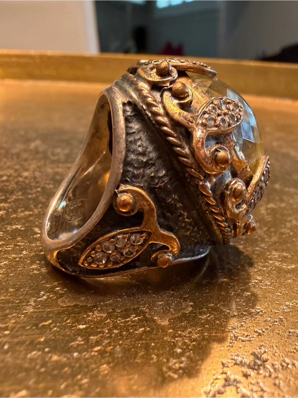 BORA YASAR Brutalist Ring with Green Faceted CZ in 925 Oxidized Silver